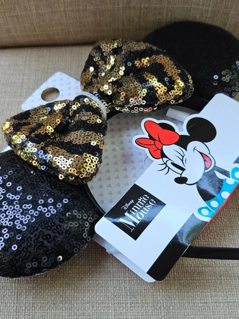 Disney Minnie Mouse Ear Headband Black/Gold Sequins BOW Hair Clip NWT